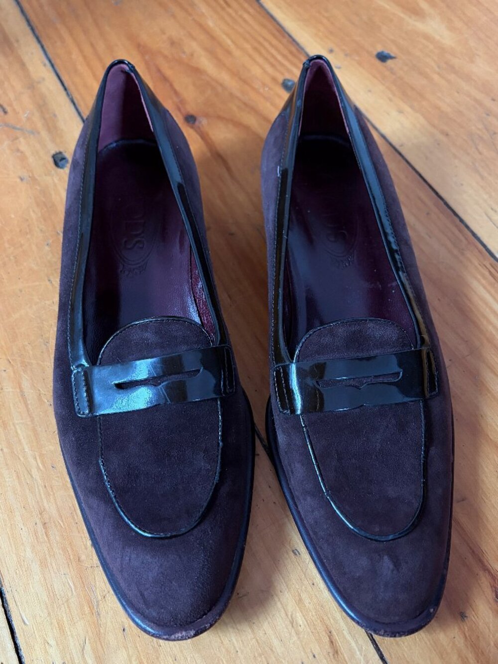 Tod's Burgundy Oxblood Suede Patent Leather Penny Loafers 37.5